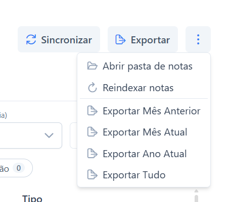 Menu de exportação do Baixar Notas, com atalhos para mês anterior, mês atual e ano