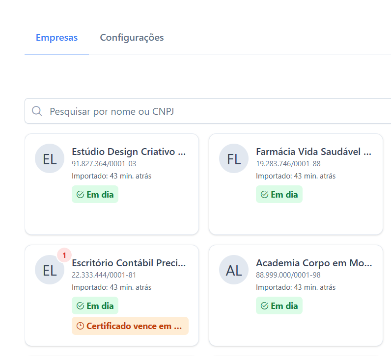 Painel do Baixar Notas com várias empresas cadastradas, cada uma com o status de sincronização