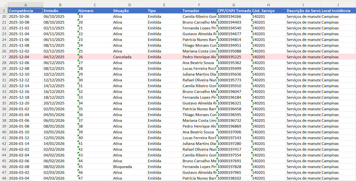 Relatório de conciliação exportado em Excel, com uma linha por nota